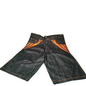 Gorpcore Mens Baggy Denim Shorts Dark Wash Orange Contrast Y2K 40x15 JNCO Skater